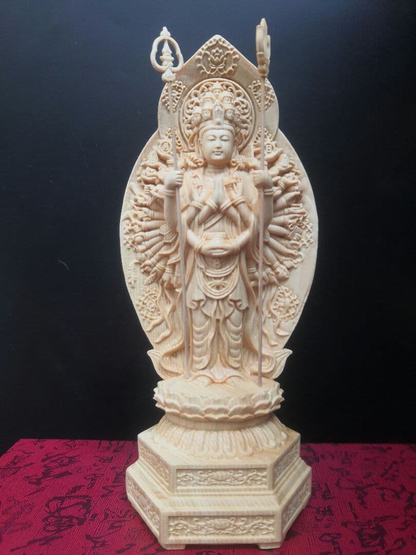 【修縁堂】彫刻仏像 千手観音 観音像 六角台座 仏教木彫 供養仏 開運風水