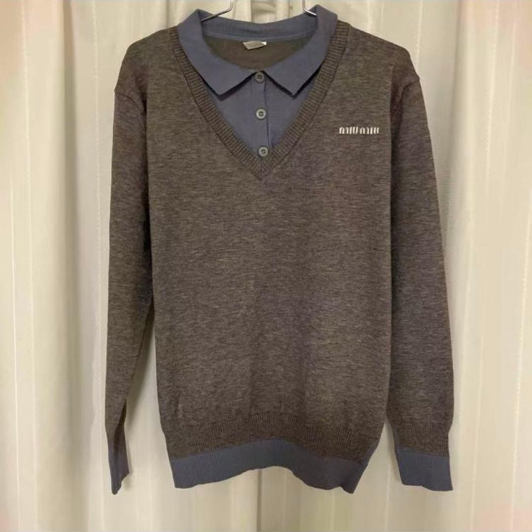 【れむ】miumiu ロゴ トップス ニット　グレー レイヤード