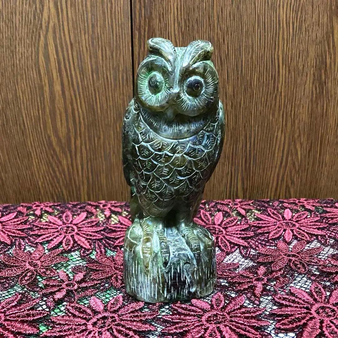 天然ラブラドライト　フクロウ置物　573g オーロラ有り　一点物