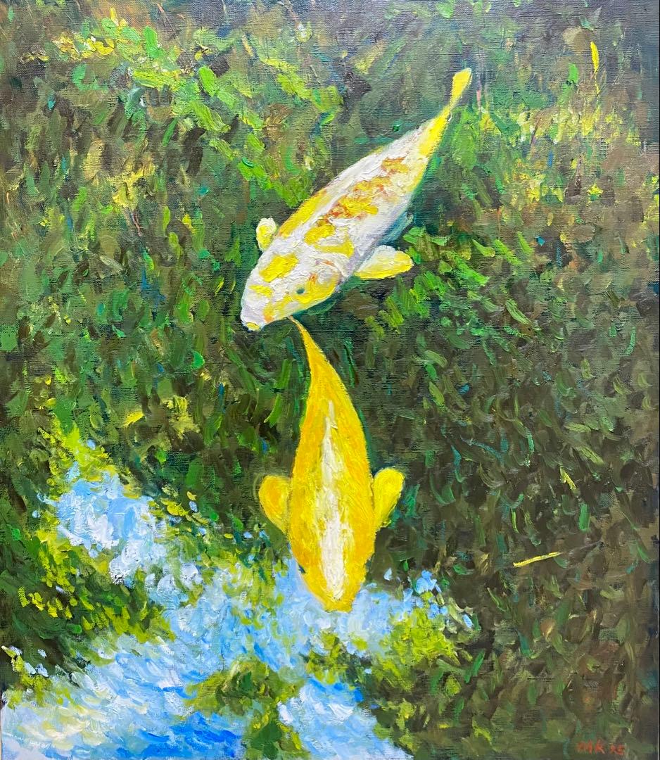 『白と金の鯉』F10 油彩画 oil painting art