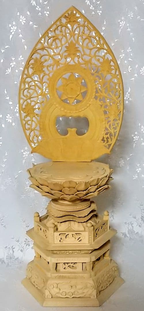 台座+光背 坐像用#545 背切 六角 宝相華唐草 透し彫 木彫 仏像付属品