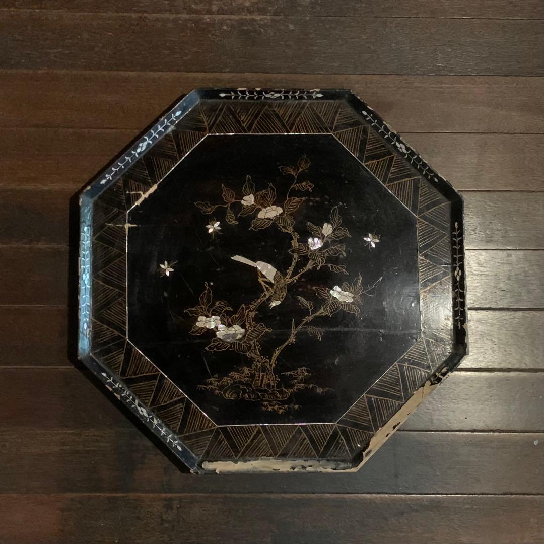 李朝 螺鈿 八角盆 朝鮮美術 古美術 古道具 アンティーク 味のある漆絵八角盆 竹編 飾盆 民藝 煎茶盆 李朝