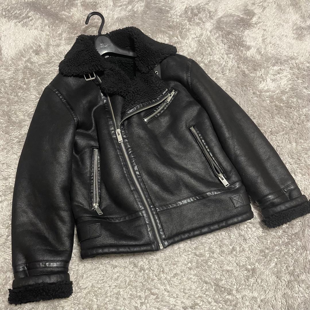 健介 ZARA フェイクムートン フェイクファーダブルライダースジャケット 美品】ZARA レディース フェイクムートン ダブルライダースジャケット