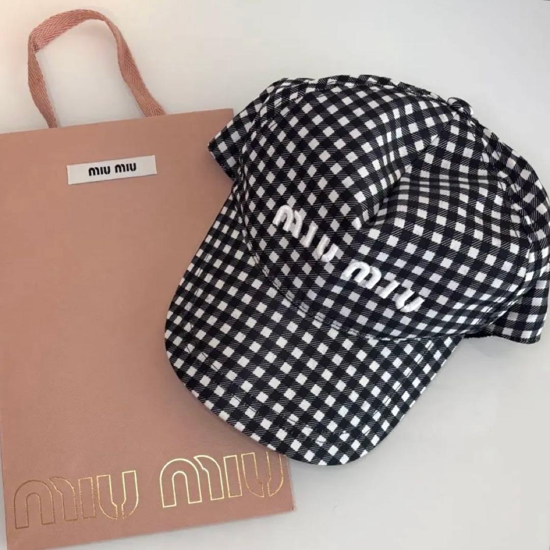 ミュウミュウ miumiu ベースボールキャップ 帽子 ギンガムチェック ロゴ