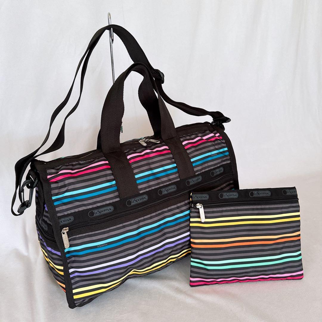 極美品ポーチ付きレスポートサック レストライプ ブラック ボストンバッグ黒 緑