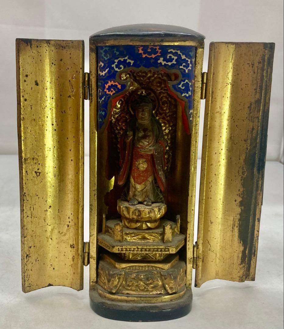 B566s 厨子仏 木彫彩色鬼子母神像　訶梨帝母　江戸　柘榴　仏教