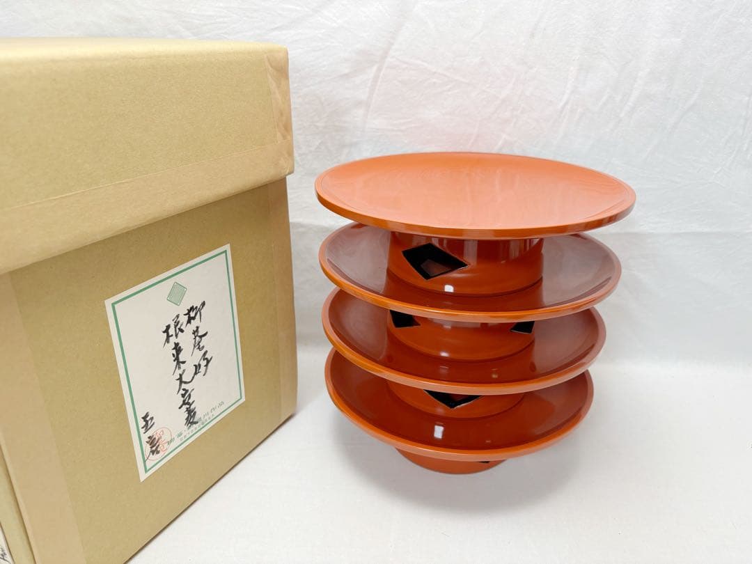 ほぼ未使用 茶道具 初瀬川作品 柳菴好 木製 根来朱塗 高杯 4客干菓子器 紙箱