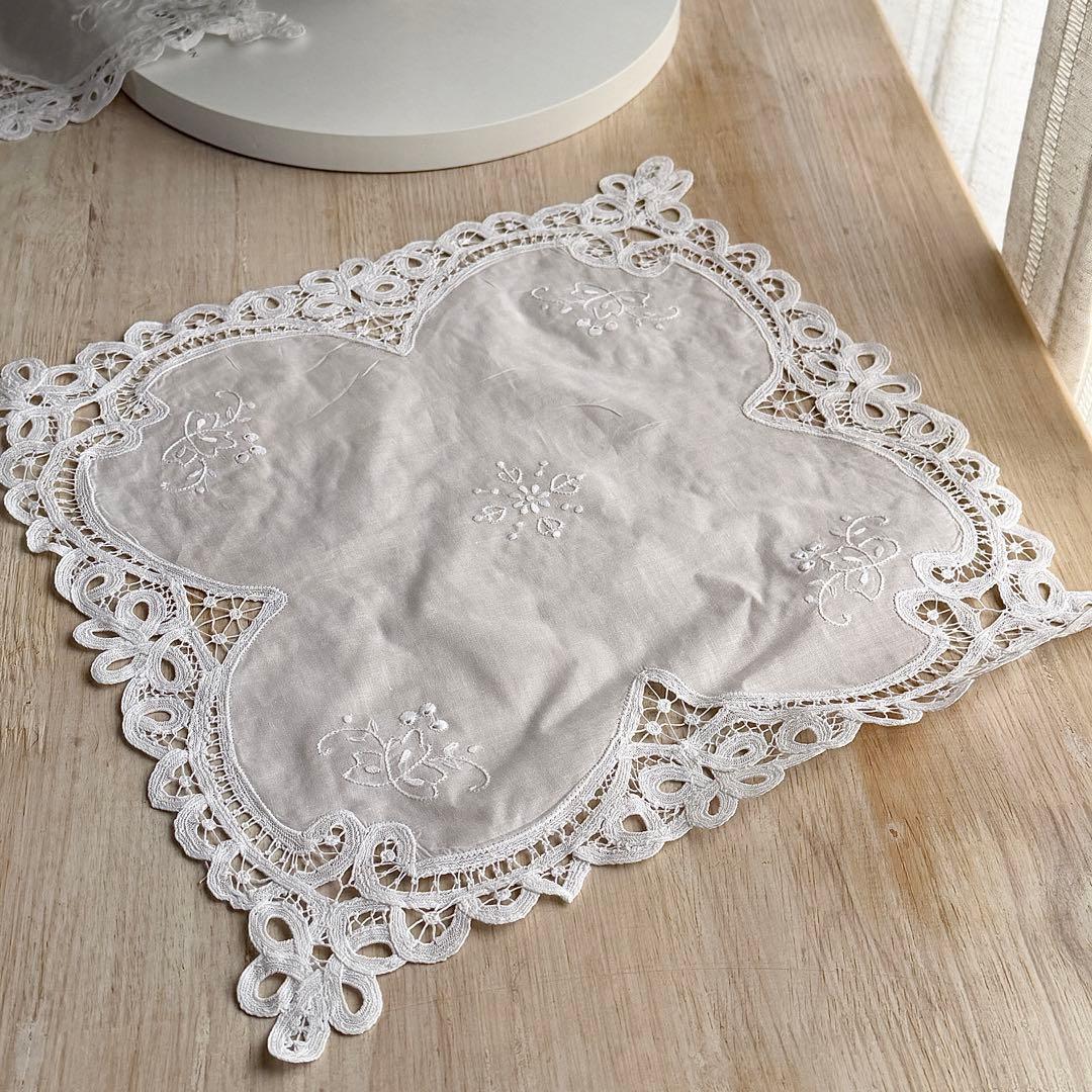 ヴィンテージバテンレース ドイリー ホワイト刺繍レーステーブルクロス
