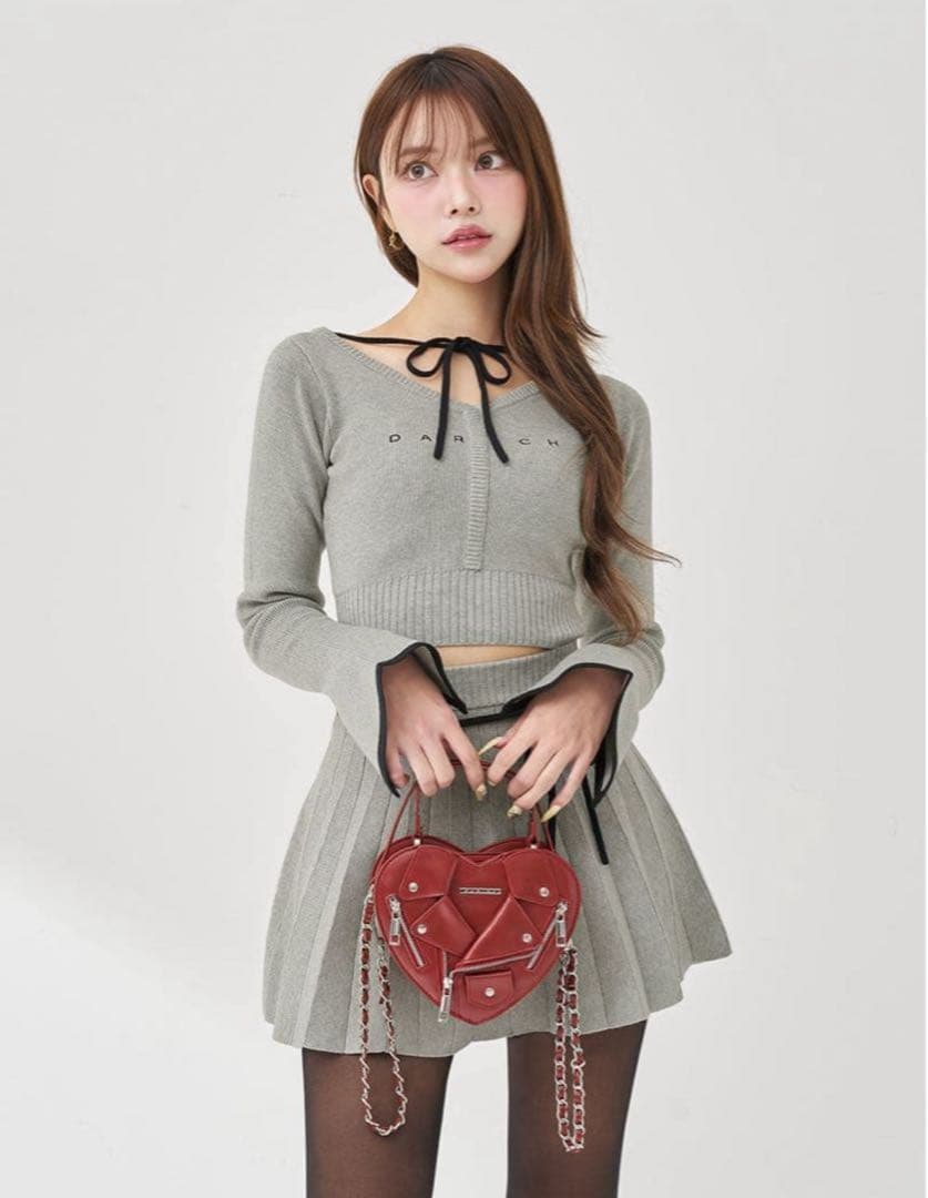 Darich♡ウエストオープンリボンデザインニットミニワンピース グレー