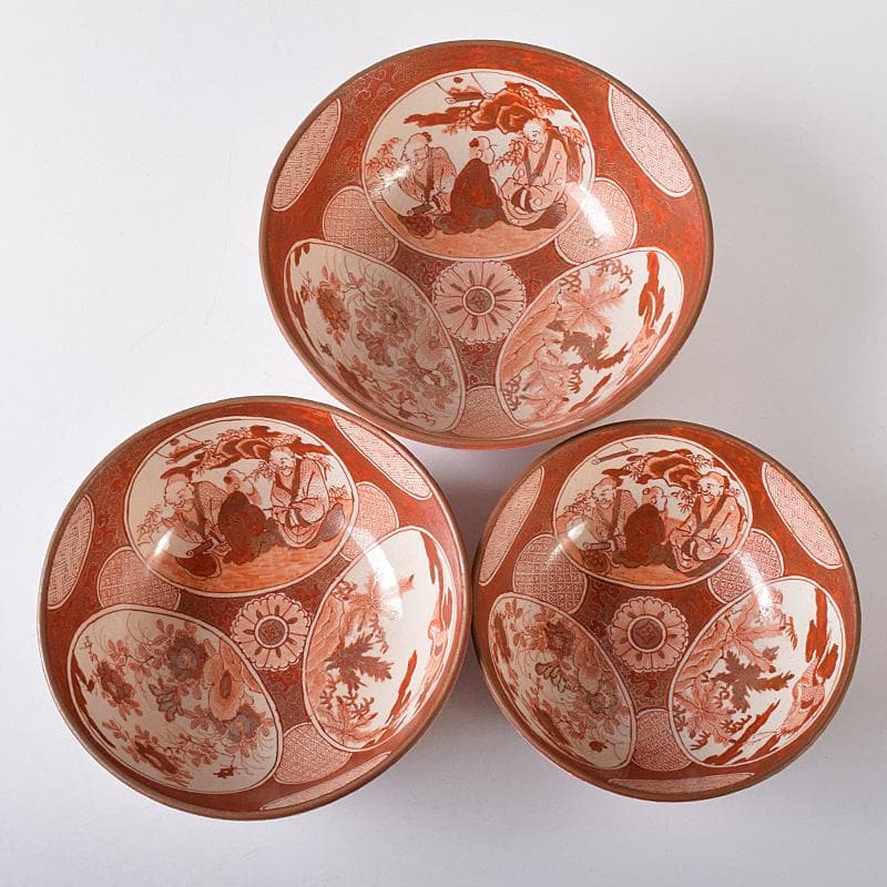 九谷焼 古九谷 赤絵金彩 窓絵 人物花鳥文 三ッ組鉢 時代箱付 U R8370