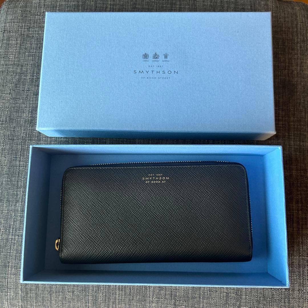 小物 smythson Panama Large Zip Around Purse Smythson PANAMA LARGE ZIP AROUND PURSE Long Wallet Navy Leather