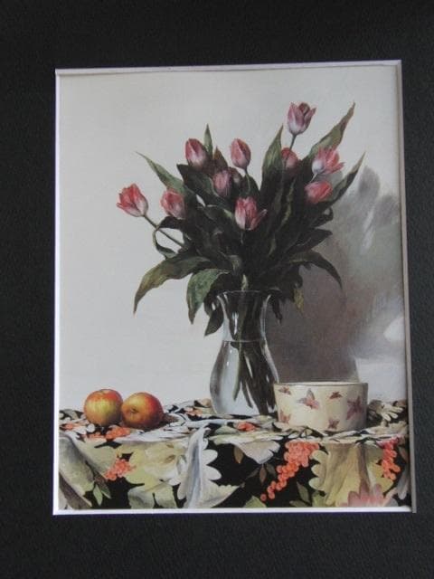 額賀加津己、【古布上のチューリップ】、希少な額装用画集画、新品高級額 額装付