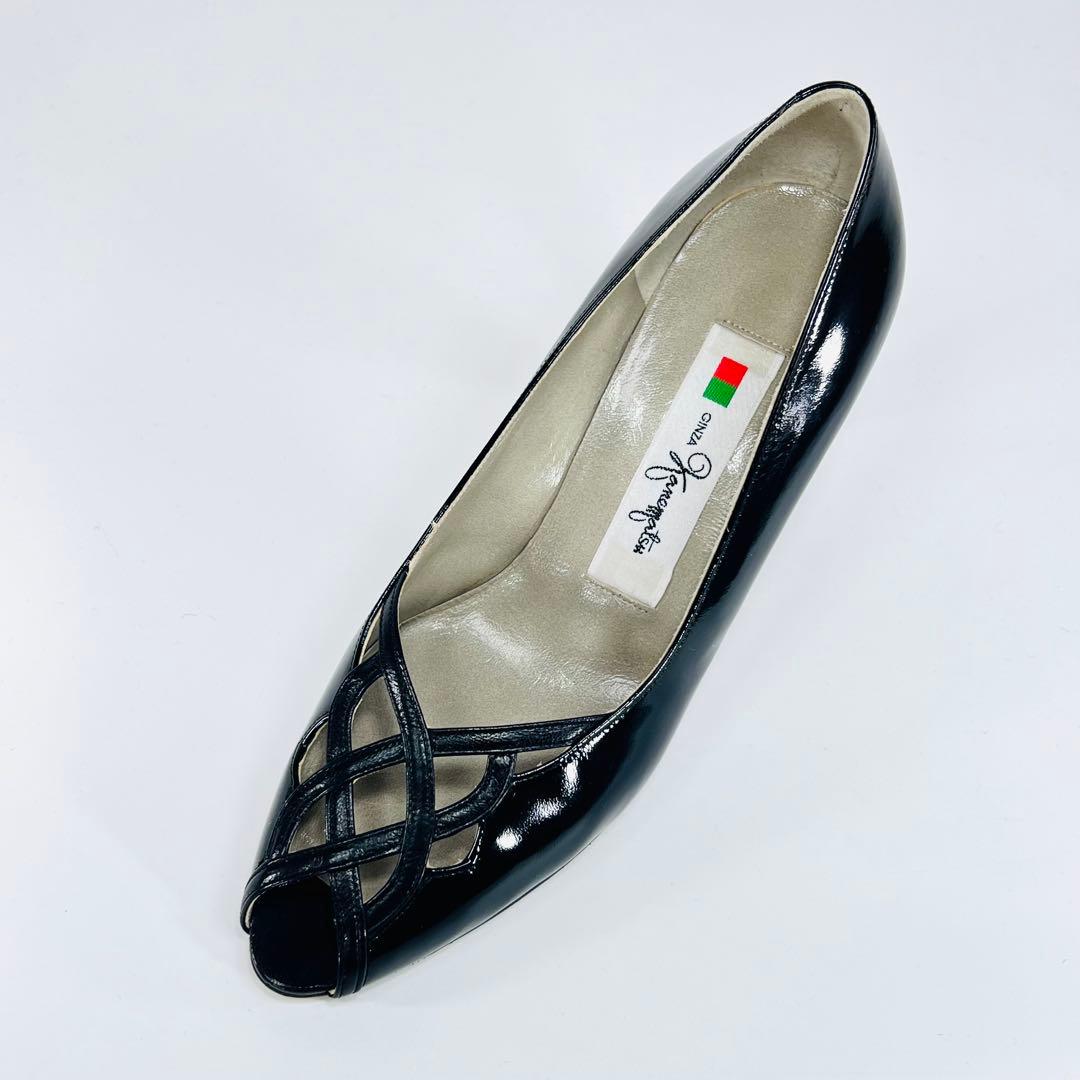 ほぼ新品】銀座かねまつ オープントゥ エナメル パンプス 黒 23.0