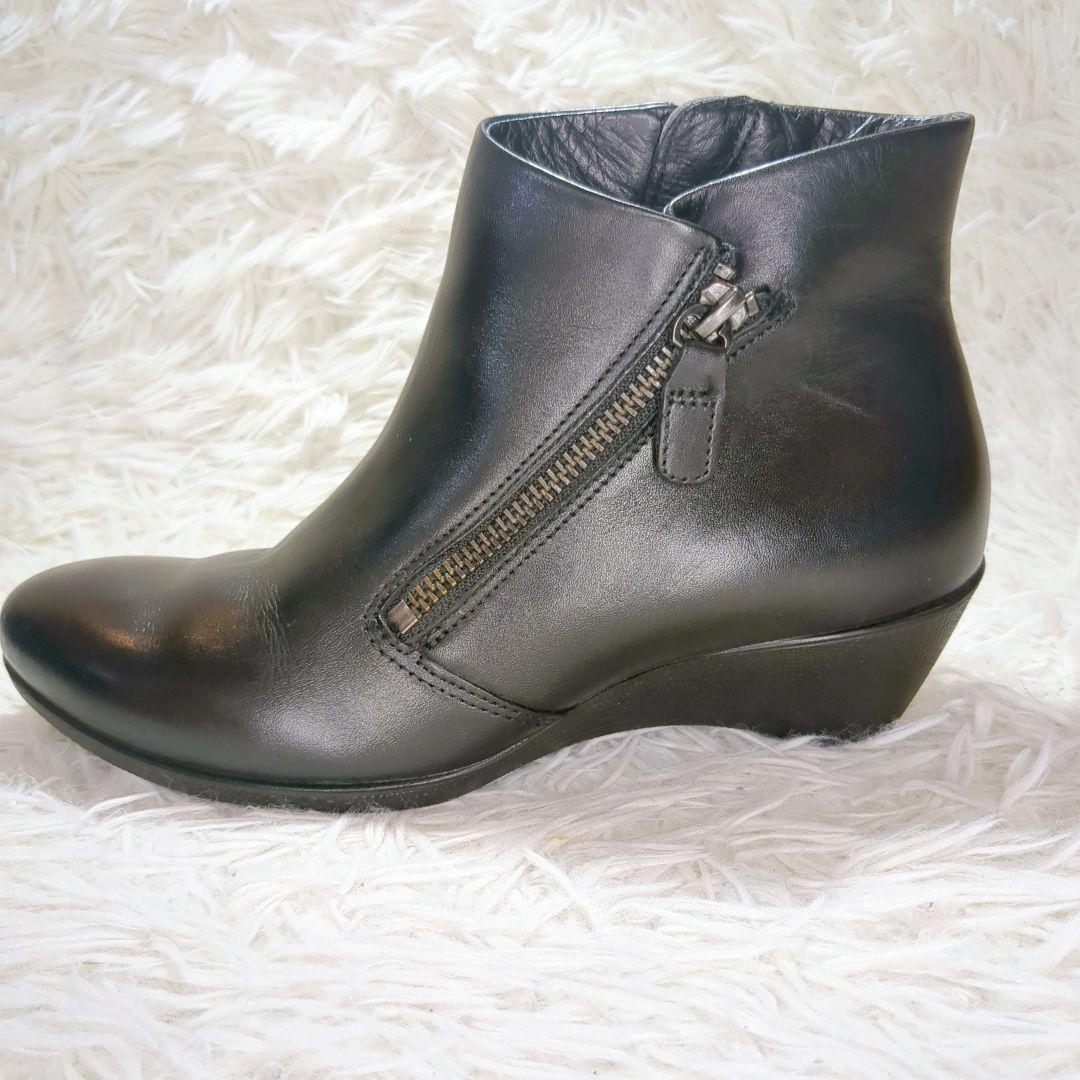 極美品 ecco (22.5) エコー ダブルジップ レザーショートブーツ 黒