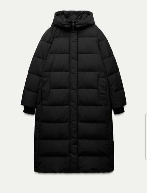 【美品】ZARA　ロングダウンジャケット　フードつき ZARA】撥水防風加工入りエクストラロング丈フード付きダウン (ZARA