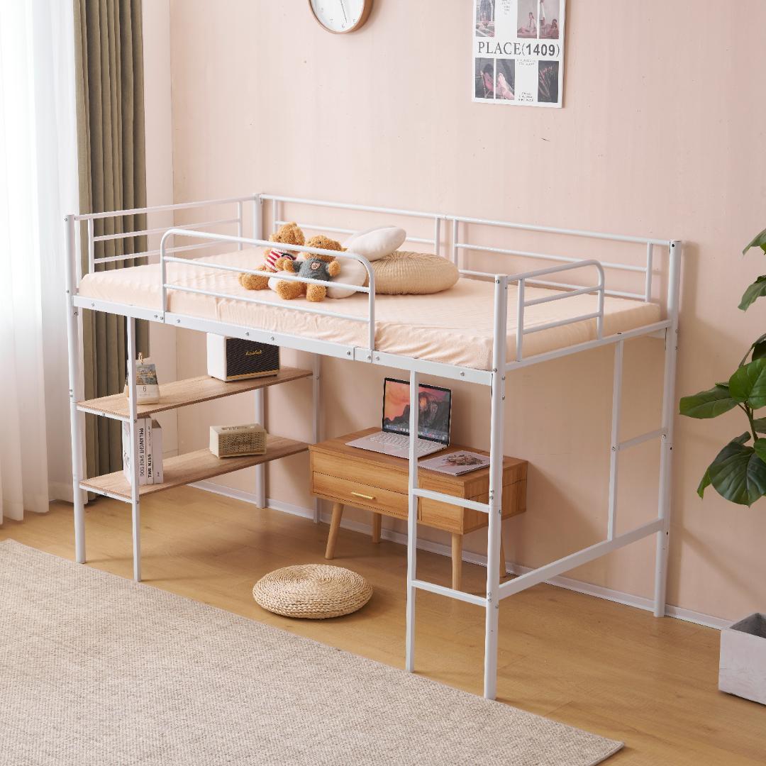 ホワイト ロフトベッド パイプベッド シングルベッド 収納棚付く ロー