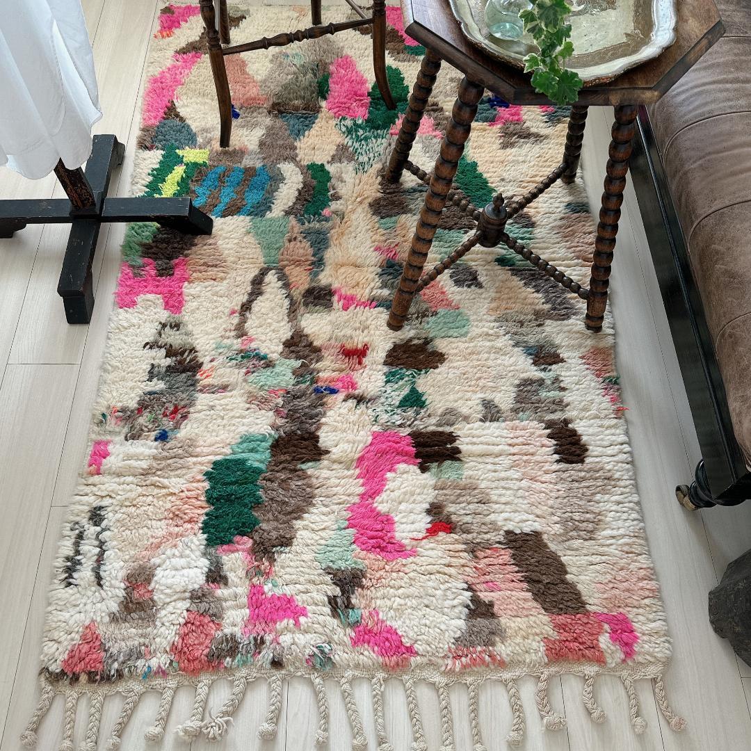 モロッコ製ヴィンテージラグ146 レア ピンク ミントグリーン ブルー モロッコラグ｜ボシャルウィット・ミントグリーン×ピンク（約98×50cm