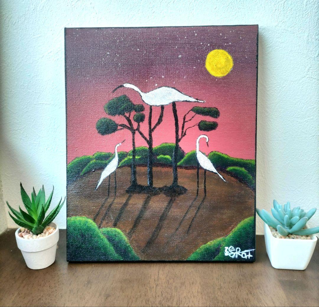 一点物】静寂の森と旅立つ鶴｜アクリル原画 F3キャンバス｜幻想風景