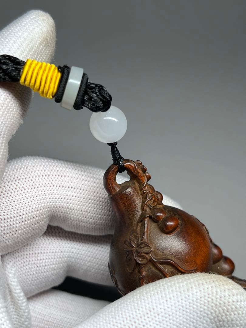 中国古美術 本物柘植 黄楊木 細工彫刻 福 瓢箪 根付 コレクション 木彫