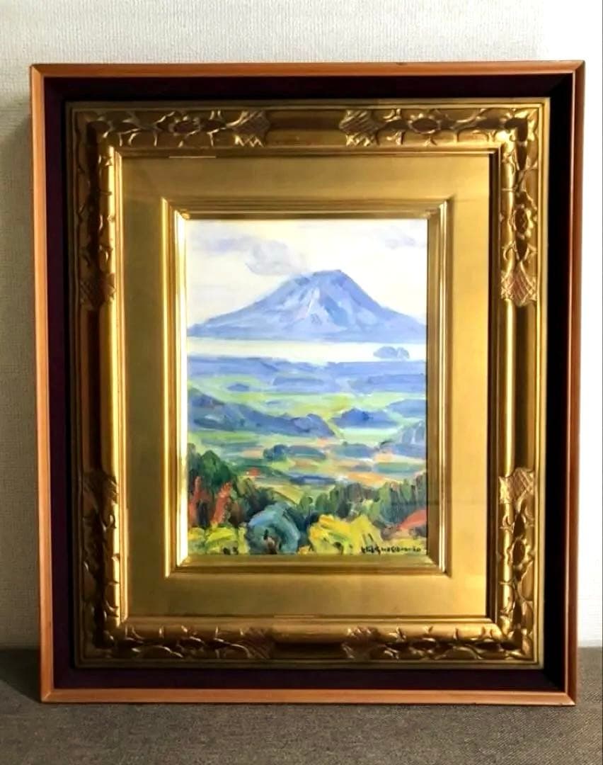塚本張夫「桜島風景」 4号 油彩 油絵 絵画 風景画 オリジナル金彩額 木製額縁