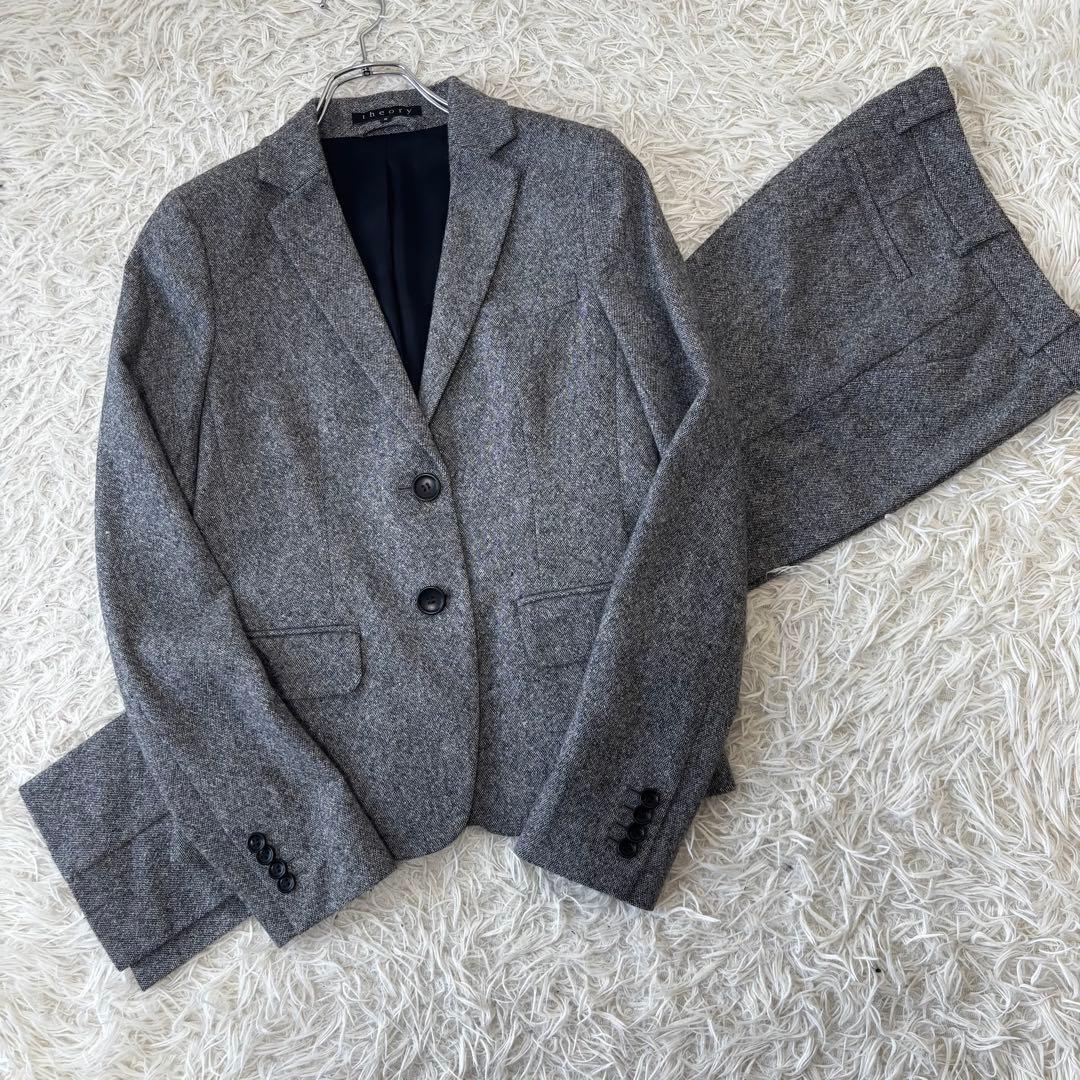 Theory✨パンツセットアップ　ツイード　2B 秋冬生地　ビジネススーツ　M フロリア Flolia ツイードペプラムノーカラージャケット テーパード