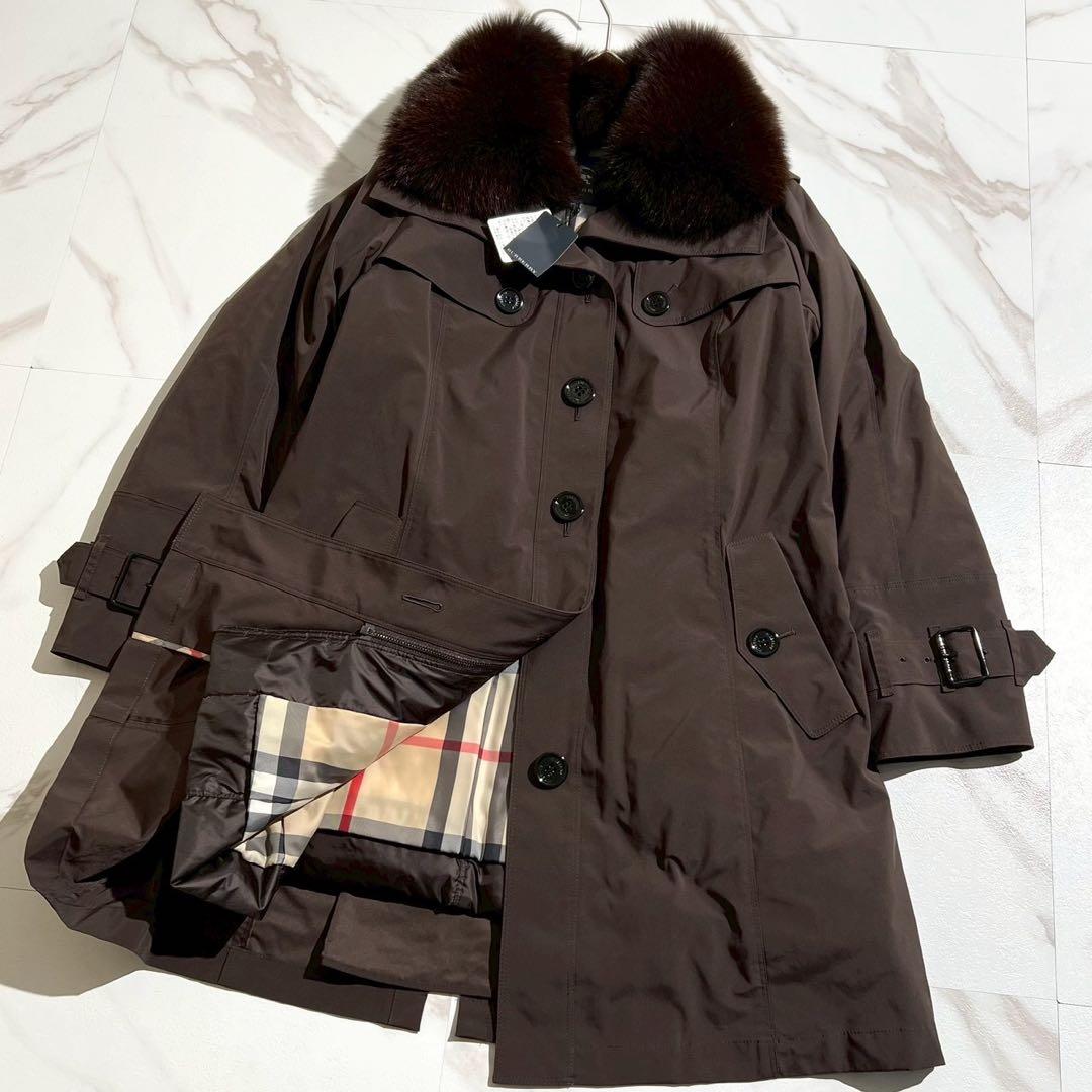 【未使用品】バーバリー ロングコート ダウンライナー ノバチェック ファー 40 美品 バーバリーロンドン ロング ダウンコート Aライン ウエストベルト