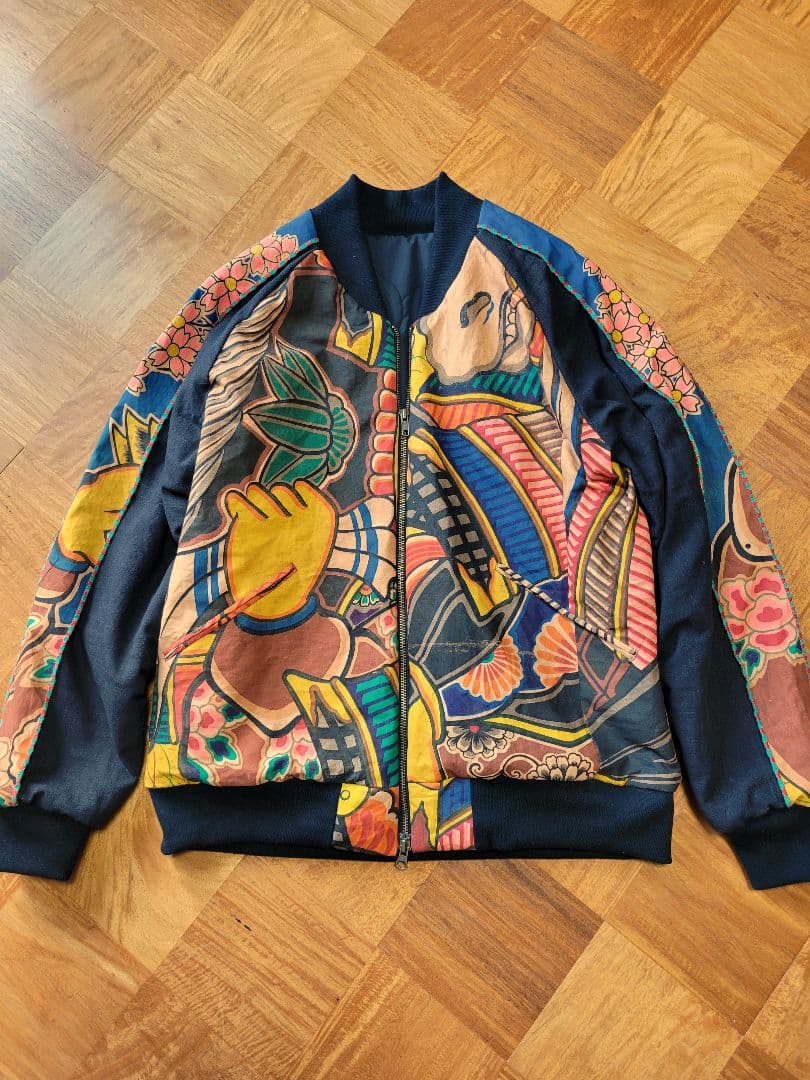 め0124古布リメイク木綿幟旗柿渋染ジップアップスカジャンハンドメイド着物アロハ め0124古布リメイク木綿幟旗柿渋染ジップアップスカジャンハンドメイド