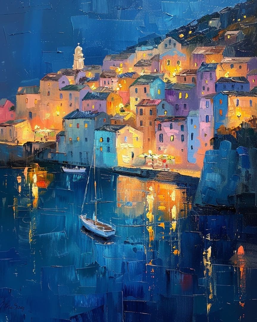 無料額縁付】『星降る港町のシルエット』ヨーロッパ夜景 A4光沢紙・高