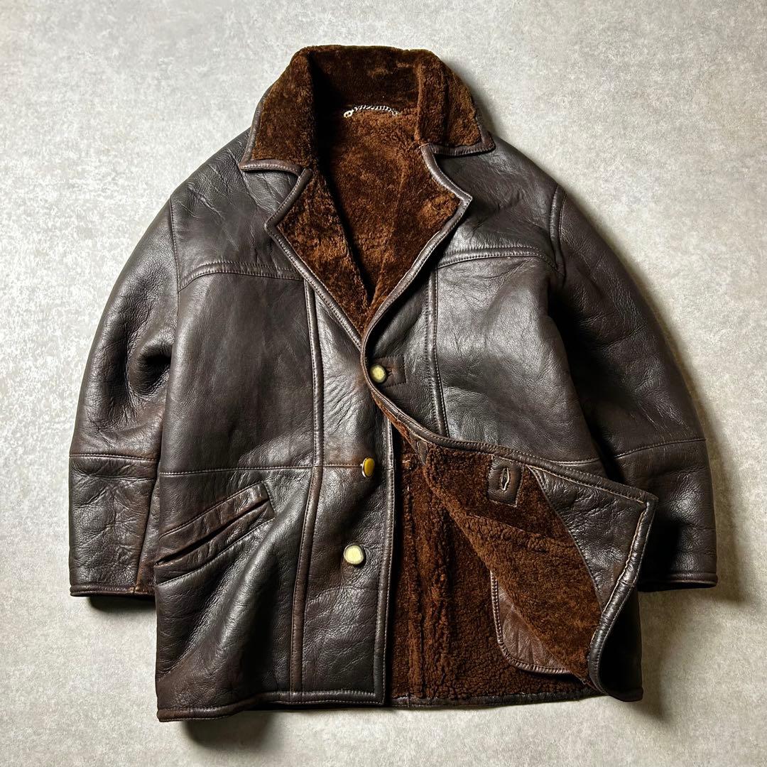極暖】vintage ムートンボアギャングコート ラムスキン シープ レザー茶芯