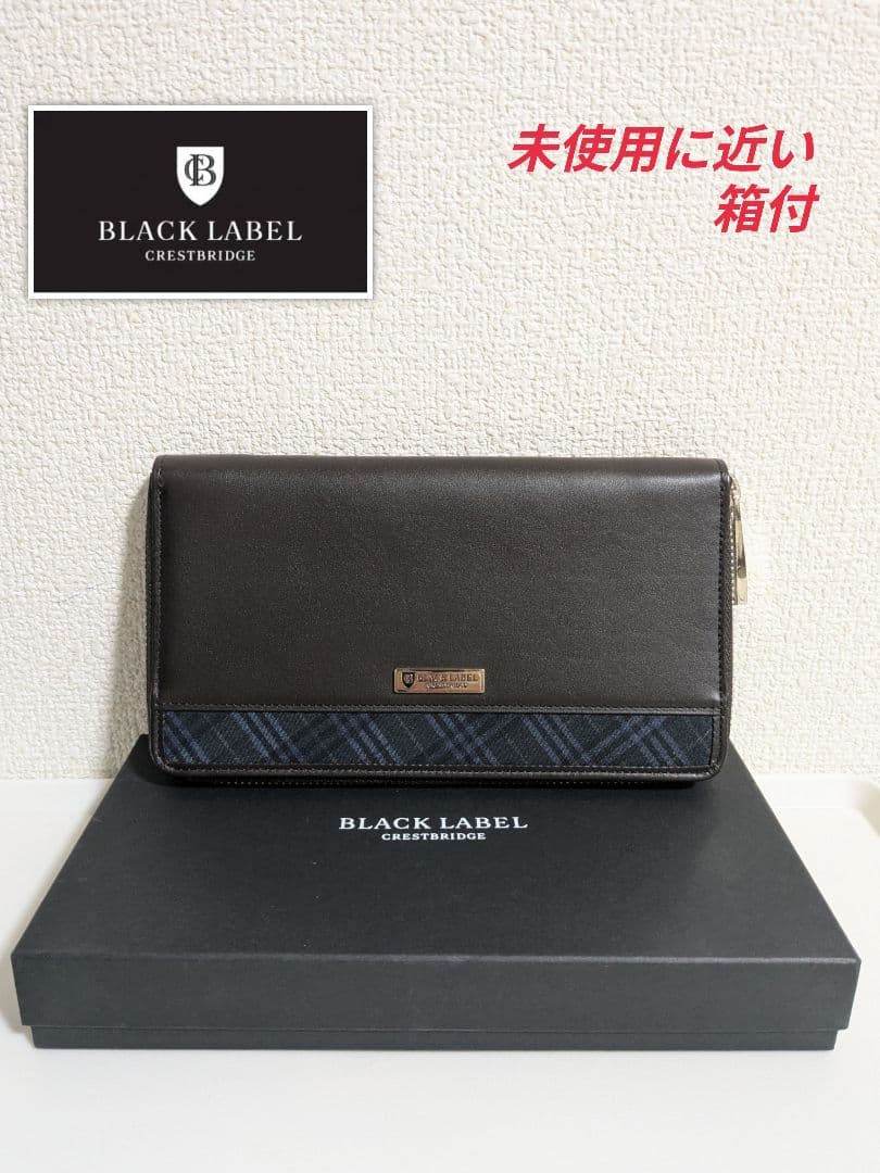 美品★ブラックレーベルクレストブリッジ チェック ラウンドジップ 長財布