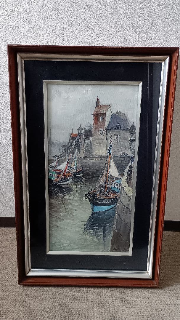 フランス画家 Van Lod 油彩画 風景画 港町 サイン有 アンティーク