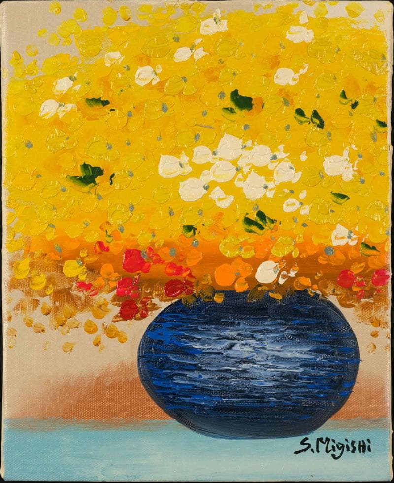 三岸節子　油彩　肉筆『黄色い花』表裏サイン　三岸黄太郎鑑定　F3　額無　b774