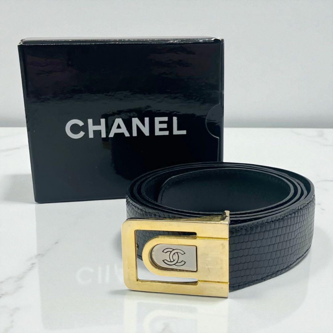 ⭐️美品⭐️ シャネル ココマーク ロゴ リザード ベルト ブラック CHANEL - シャネル ココマーク レディースベルト エナメル レザー 黒