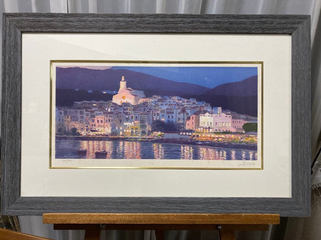 リトグラフ 風景画【フランシスコ・ボッシュ】 「教会の見える夜景」額装 挿し箱有