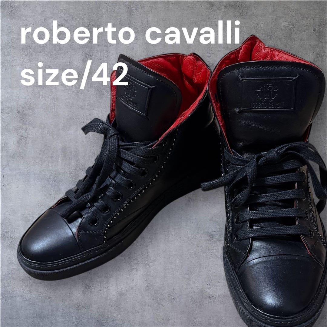 roberto cavalli ハイカットスニーカー レザー 黒赤 42 メンズ