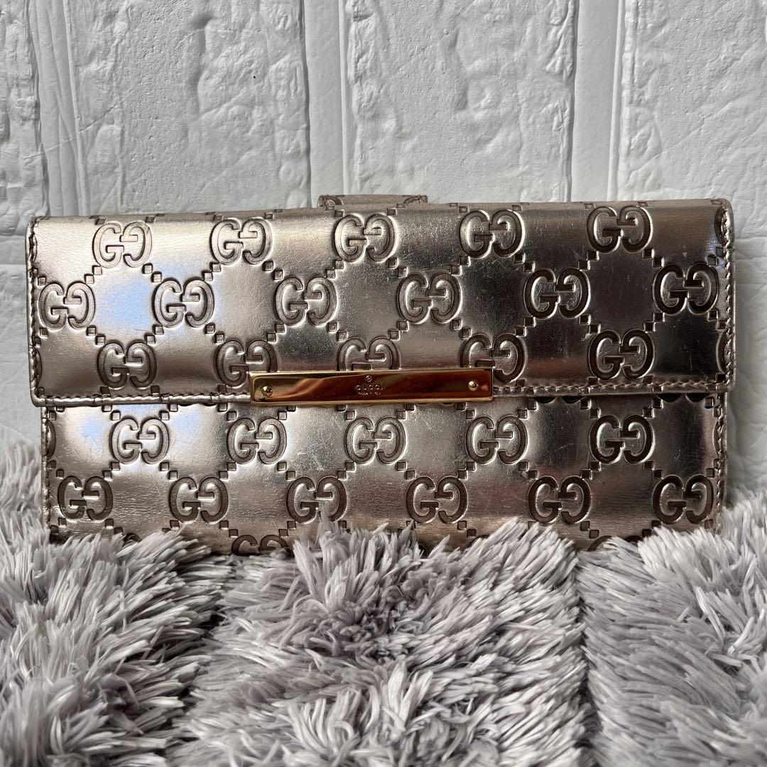 良品✨GUCCI シマ　メタリック　シャンパンゴールド　Wホック　長財布