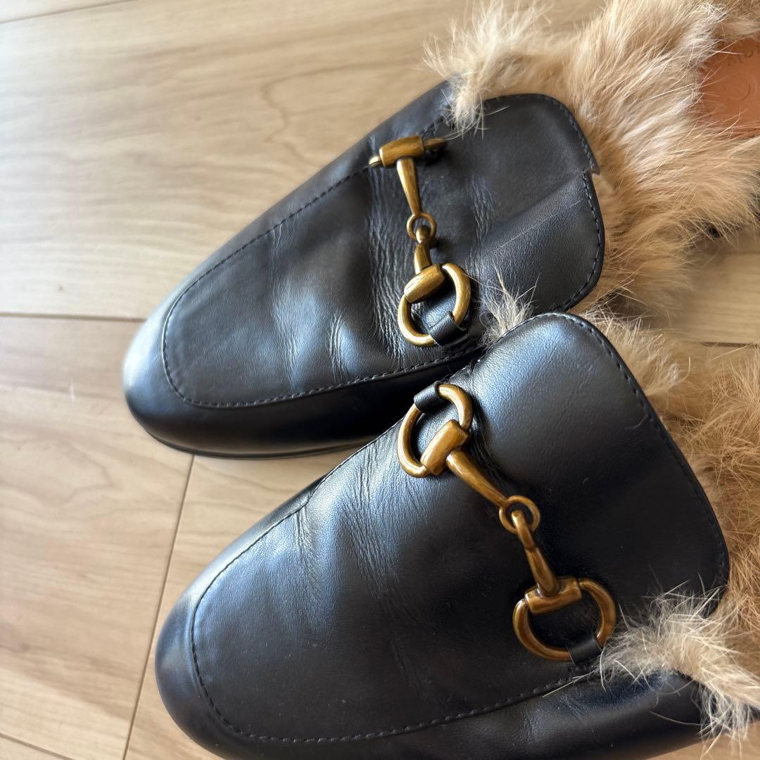 GUCCI☆ホースビット プリンスタウン ファー 39 ブラック ローファー