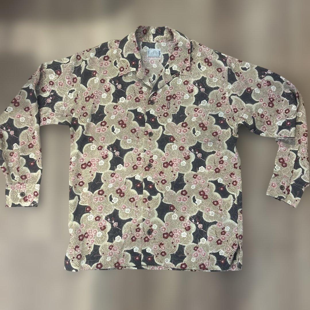 Yashiki SAMURAI JEANS 梅の花柄　長袖アロハシャツ　S
