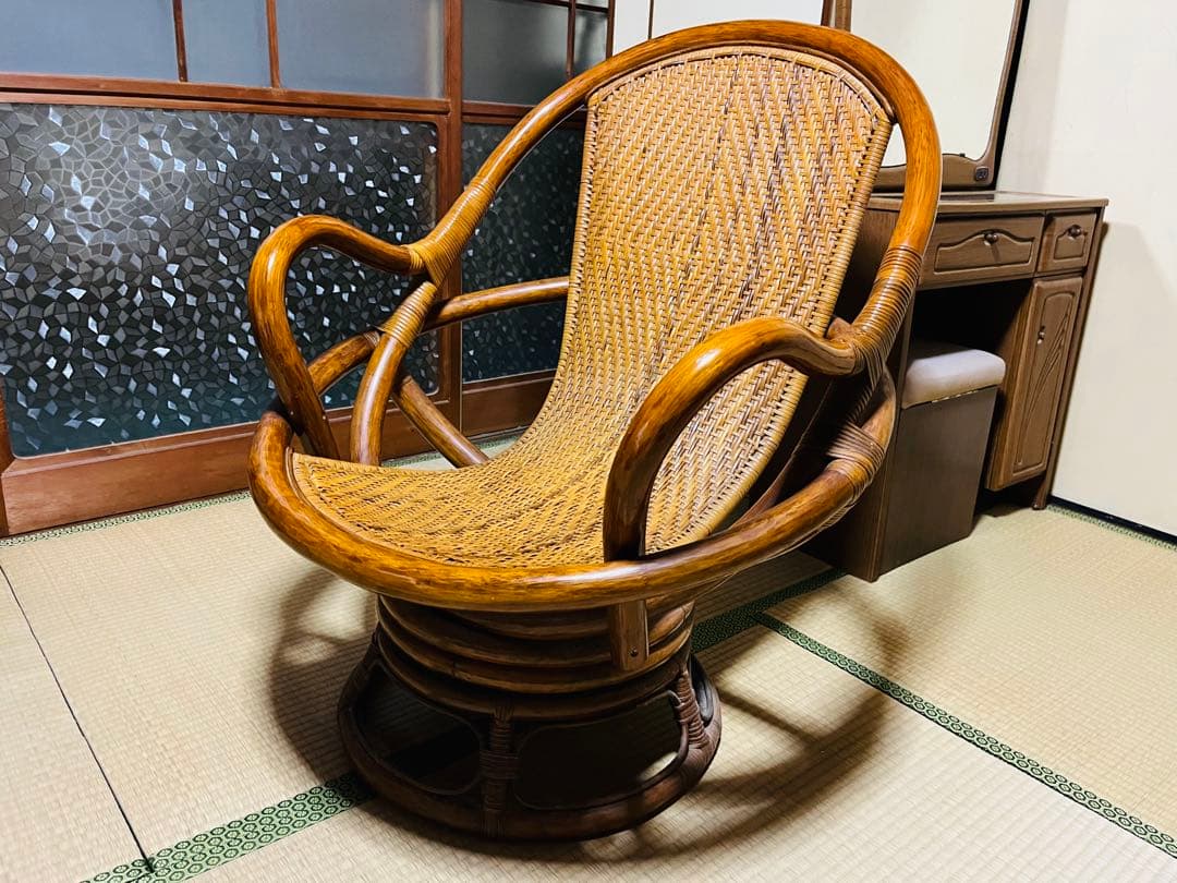 週末限定価格 座面ゆったりサイズ 天然籐 肘付360℃回転チェアB ラタン