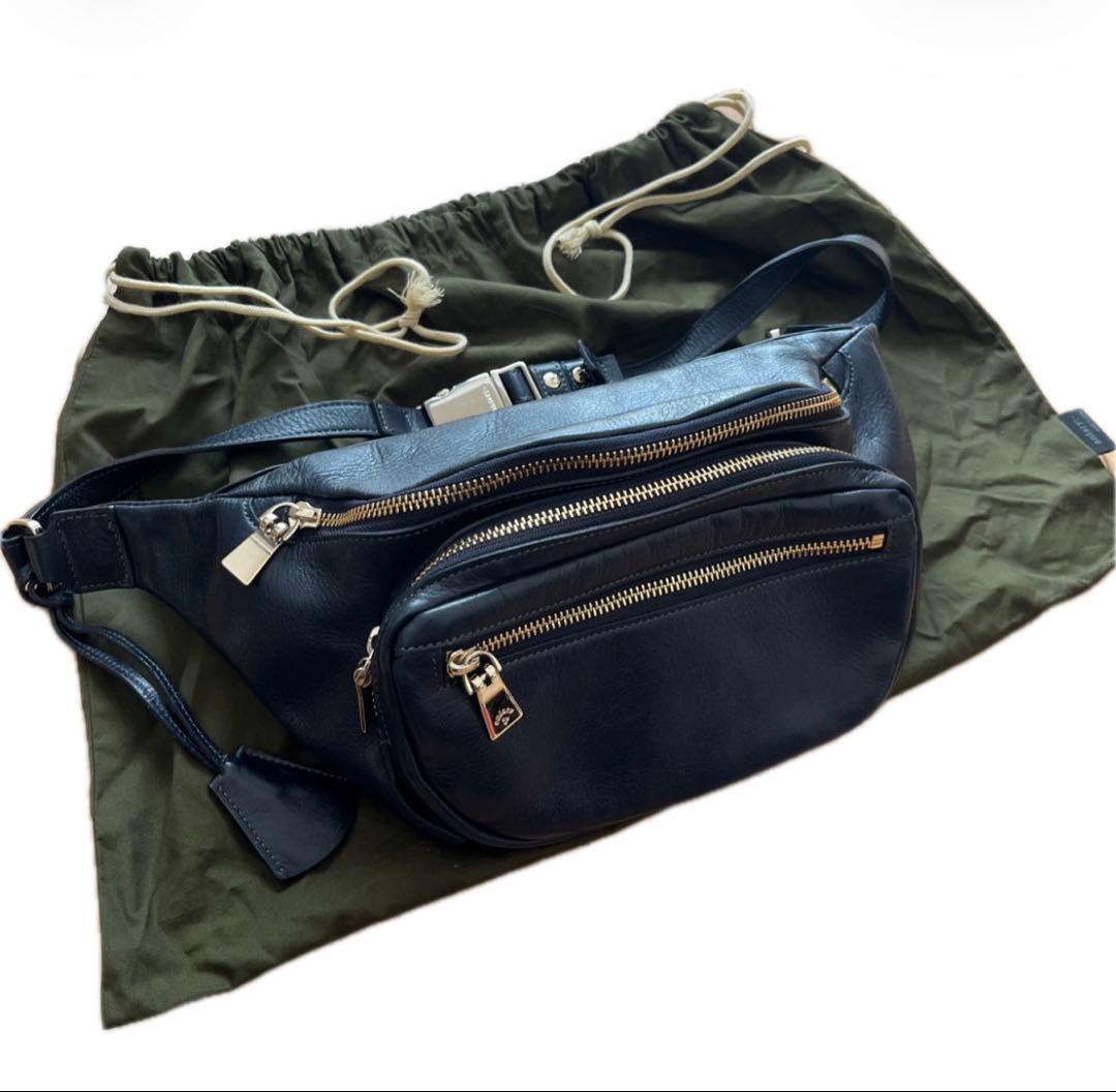 美品aniary ボディーバッグ ウエストバッグ レザー クロスボディ ネイビー