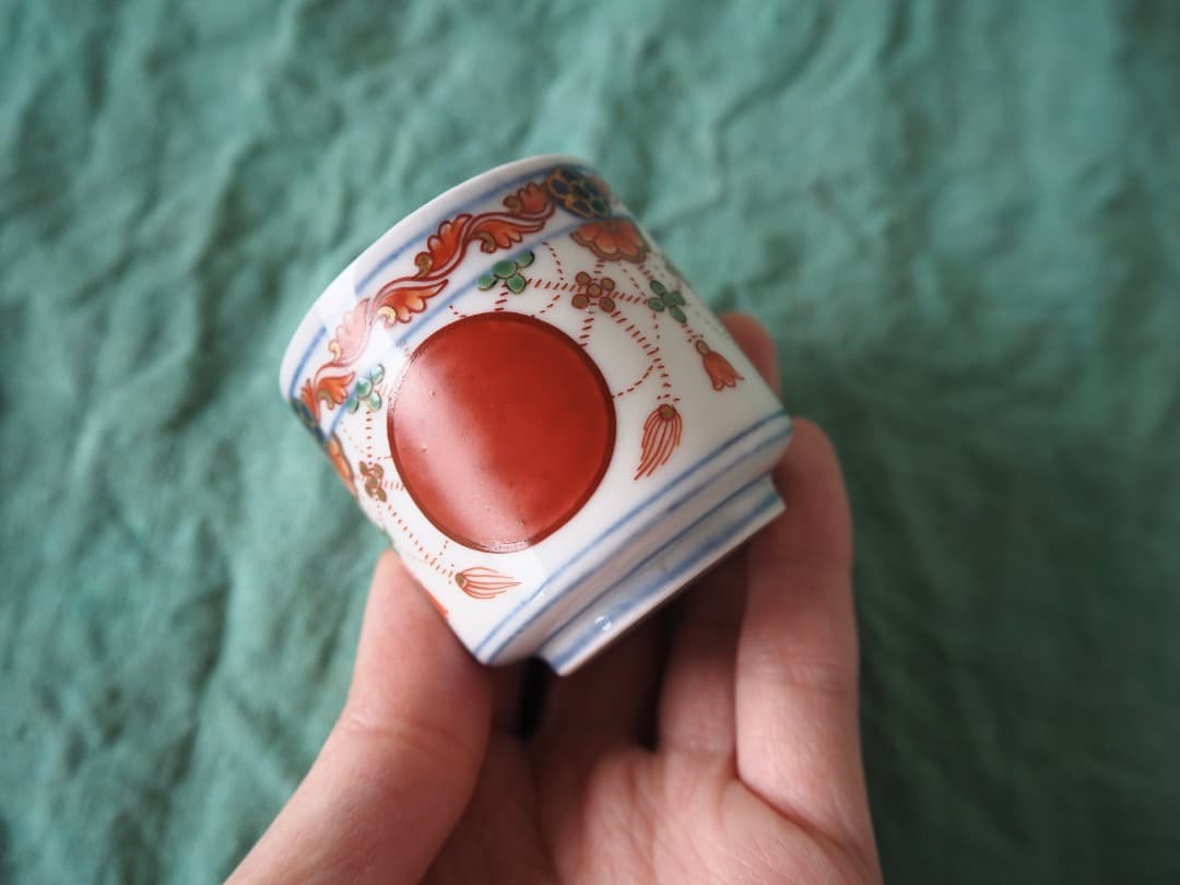 古伊万里 赤絵金彩 赤玉瓔珞文 小猪口 2客｜時代物｜覗き猪口｜古道具