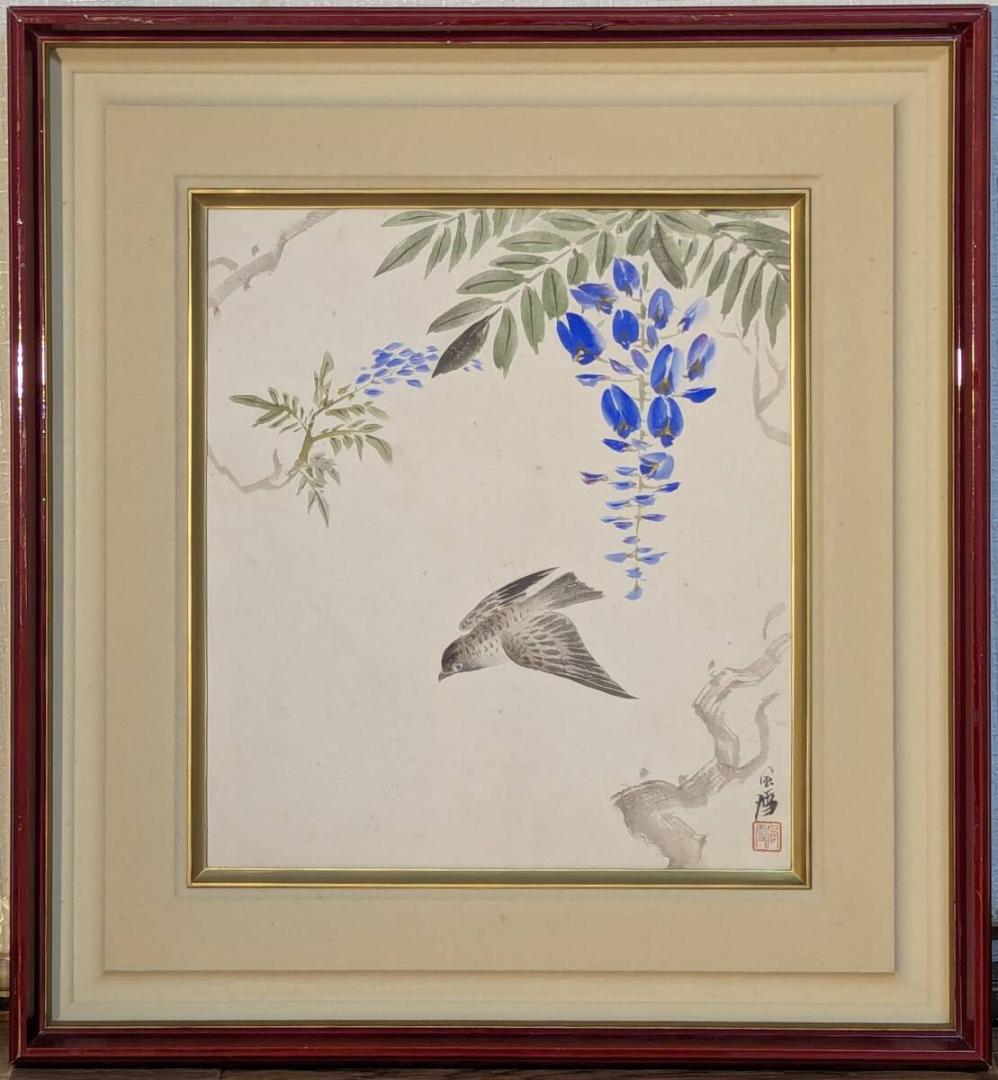 【真作】絵画　日本画（色紙）　藤に飛翔する鳥　雅趣あふれる花鳥画　Z55
