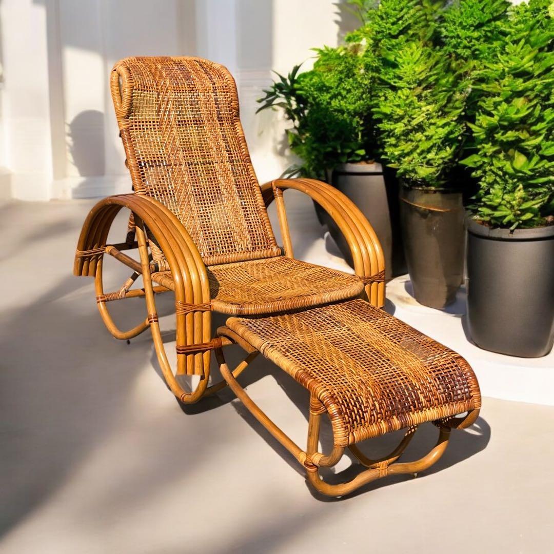 高級藤椅子（ラタン）3段階リクライニング式　オットマン 夏の縁側に最高リラックス