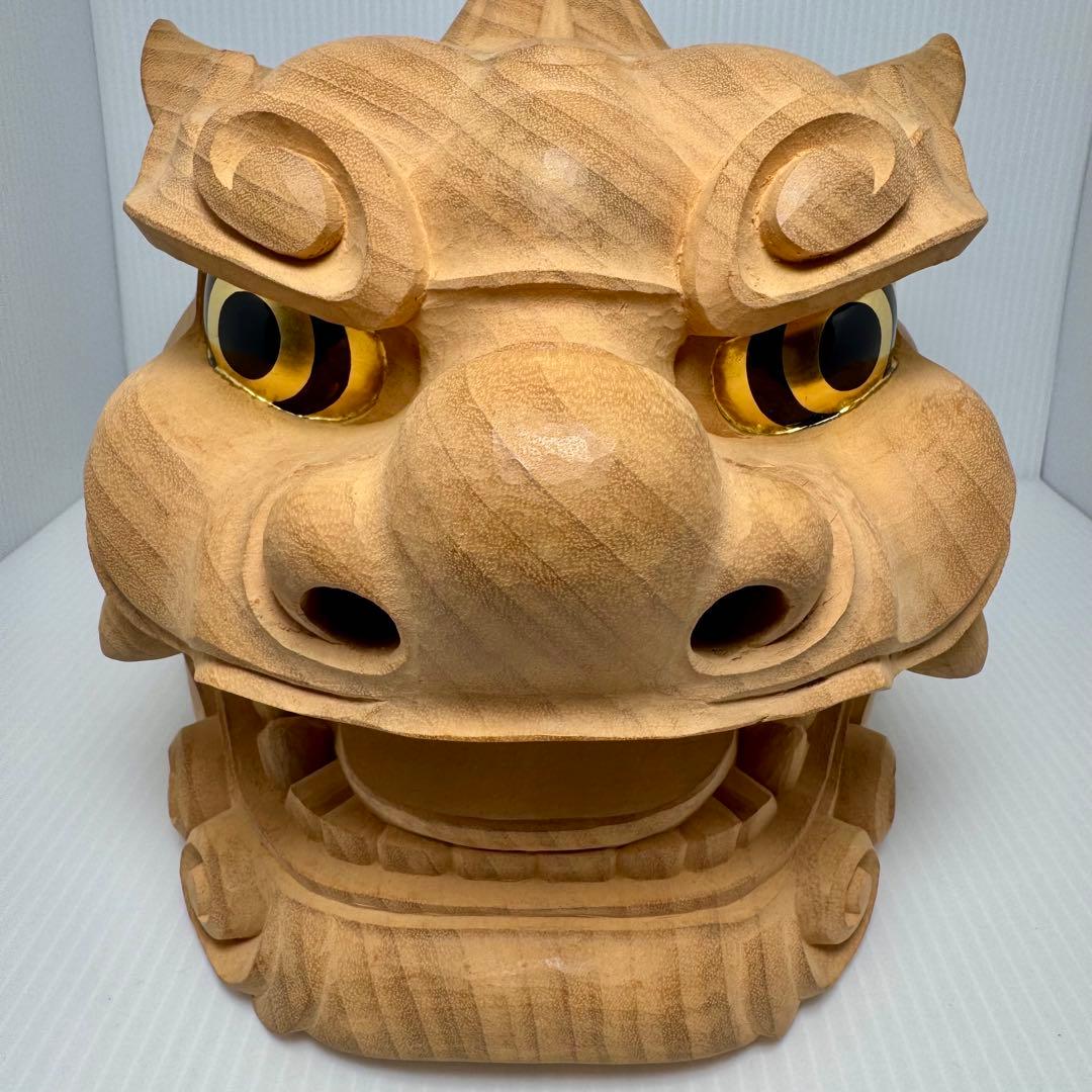 未使用 木彫 獅子頭 横山一夢作 木製 獅子 置物 共箱 説明書 作家物