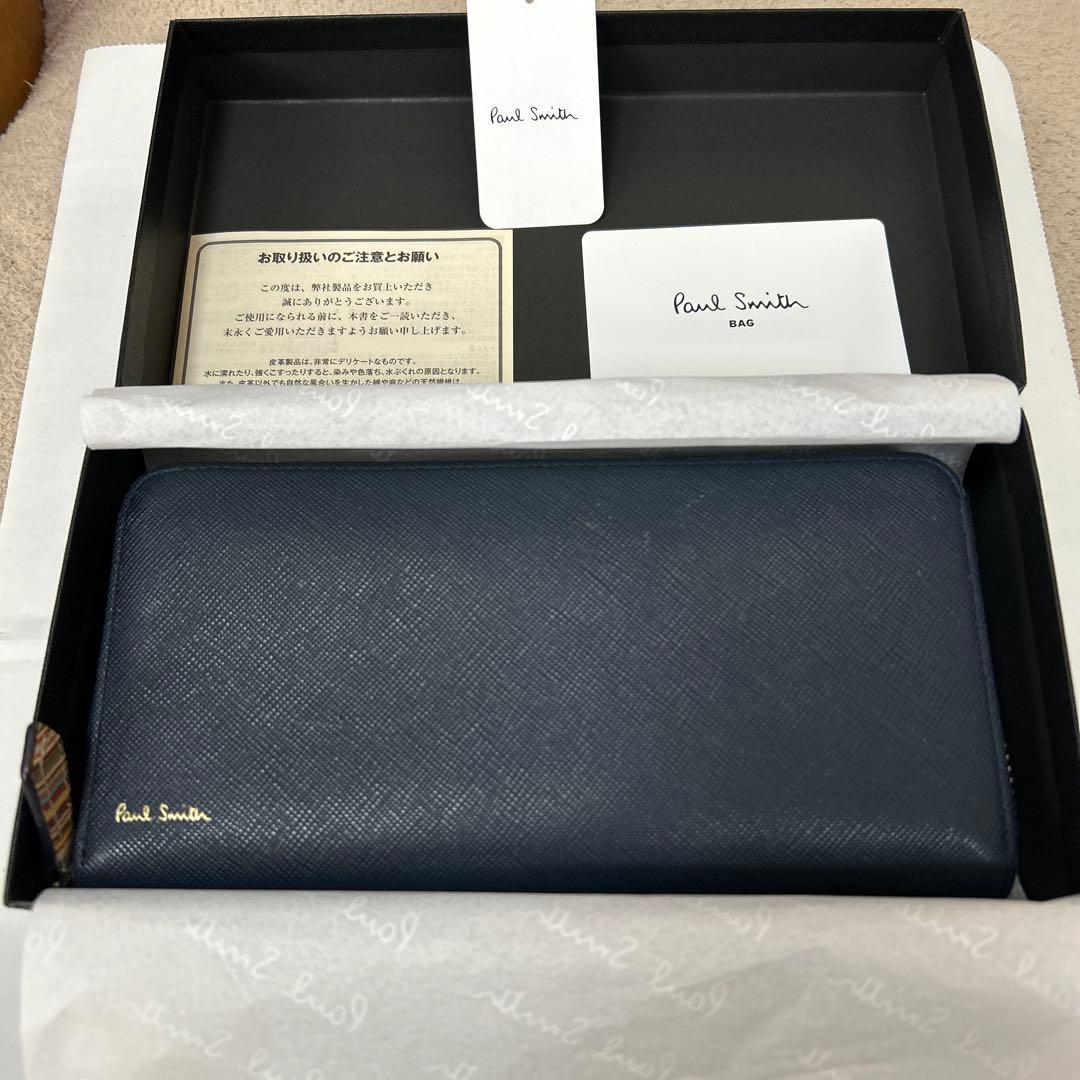 Paul Smith 長財布 ラウンドファスナージップストローグレインネイビー