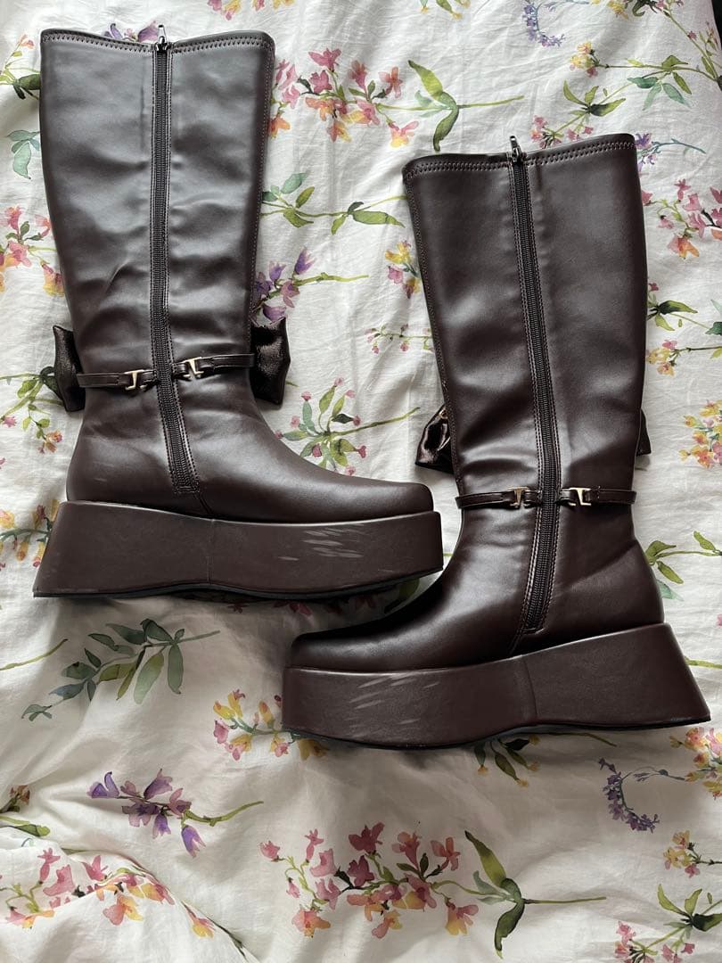 み*。様 リボン付きスクエアロングブーツ オリーブデオリーブ姉妹Belle