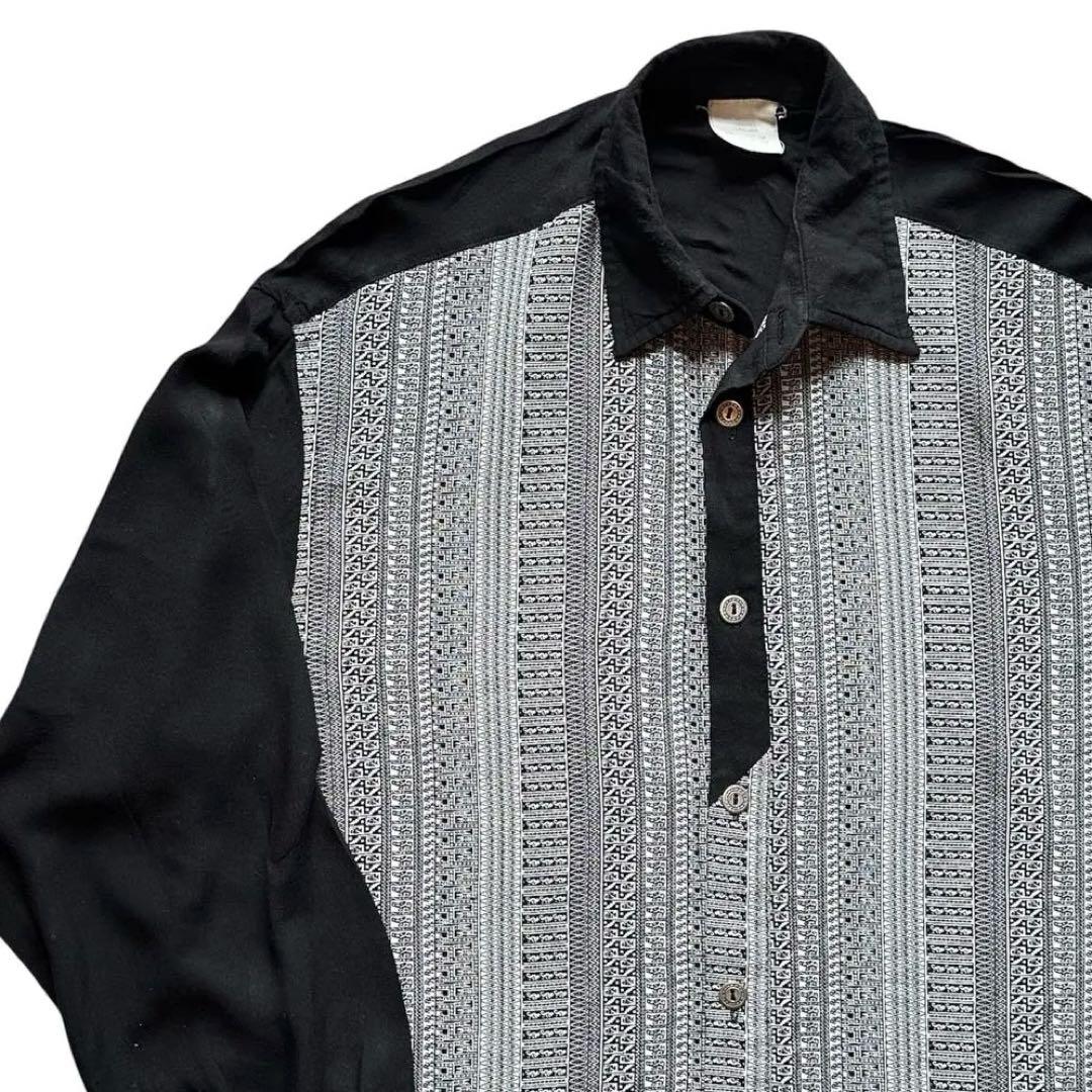 70s VINTAGE ビンテージ レーヨン 長袖 シャツ ブラック - メルカリ