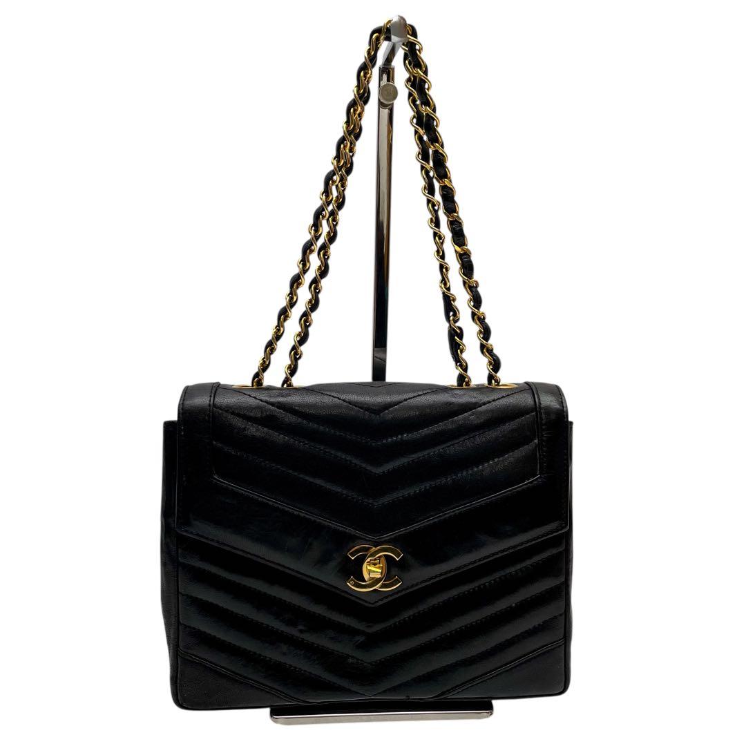 シャネル vステッチ ラムスキン ダブル チェーン ショルダー バッグ 黒