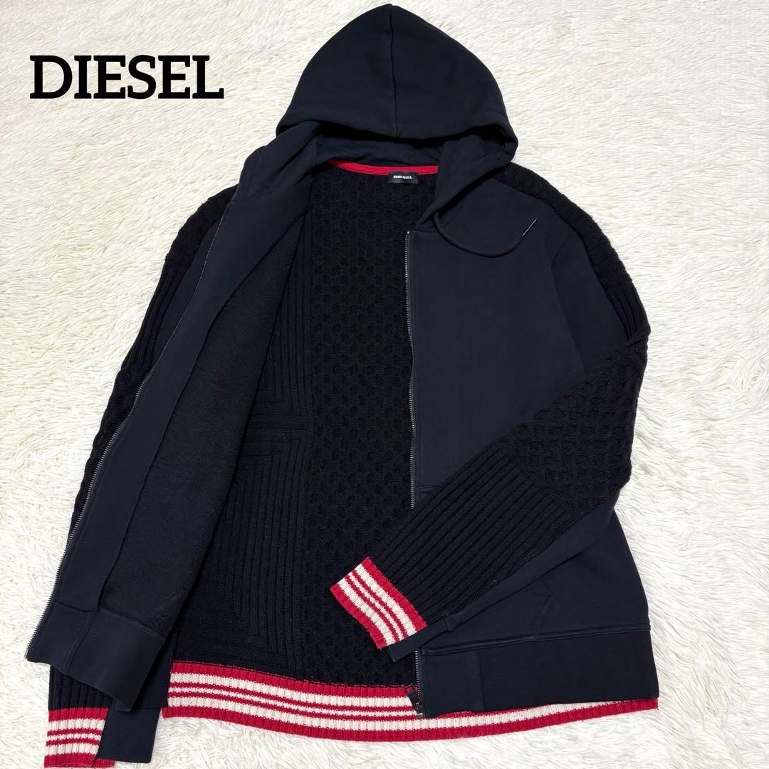 DIESEL ディーゼル ニット切り替えジャケット パーカー 黒 ロゴ 2XL