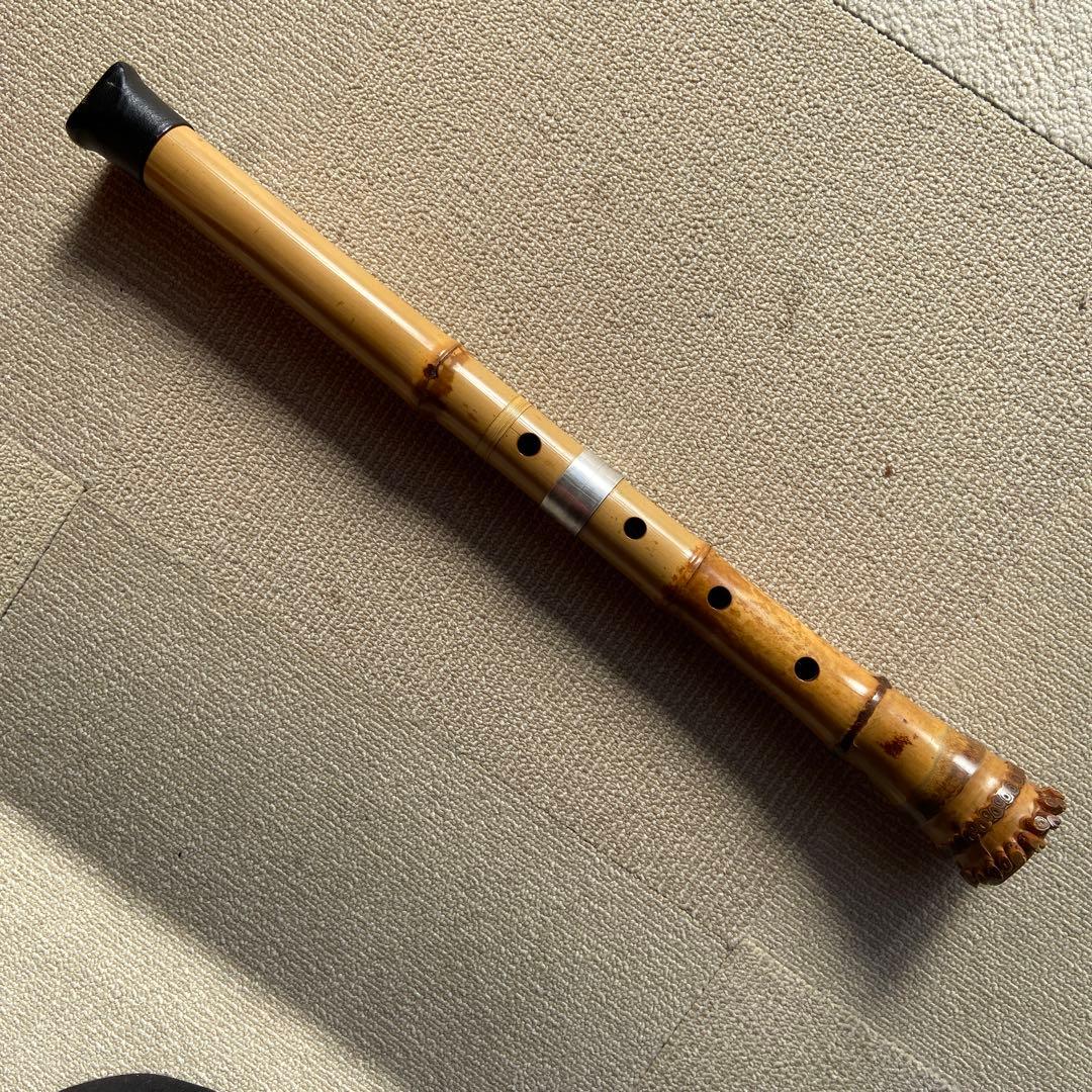 186 尺八　一尺八寸管　玉水銘　歌口金巻き　中継ぎ銀巻き　名管